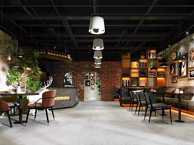Industrial Style Café Interior With Brick Walls Wooden Bookshelves Green Plants And Pendant Lights 3d model