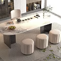 Modern Living Room Interior With Marble Top Tea Table Beige Stools And Tea Set 3d model