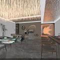 Modern Reception Area With Crystal Chandelier Decorative Ceiling Wooden Desk Round Mirror Sofa And Plants