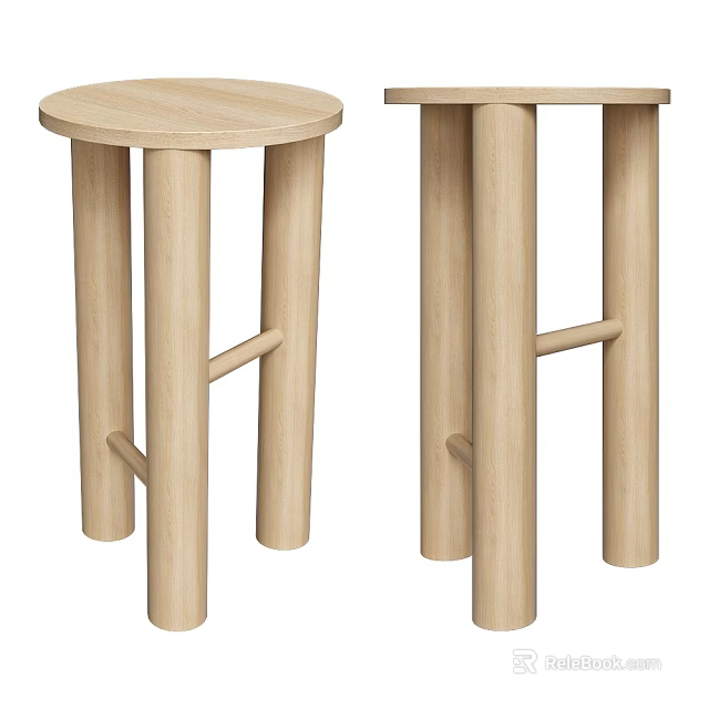Simple Wooden Stools With Round Seat And Four Cylindrical Legs With Cross Bars 3d model 