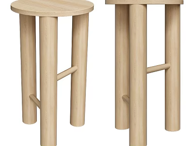 Simple Wooden Stools With Round Seat And Four Cylindrical Legs With Cross Bars 3d model