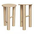 Simple Wooden Stools With Round Seat And Four Cylindrical Legs With Cross Bars