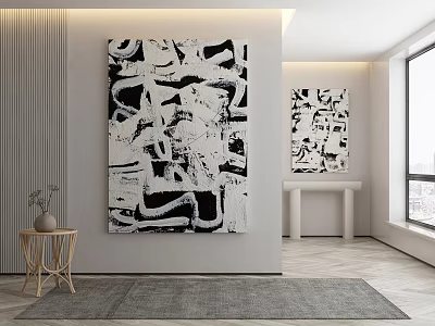 Black and White Abstract Paintings Adorn Modern Room Wall with Minimalist Decor 3d model