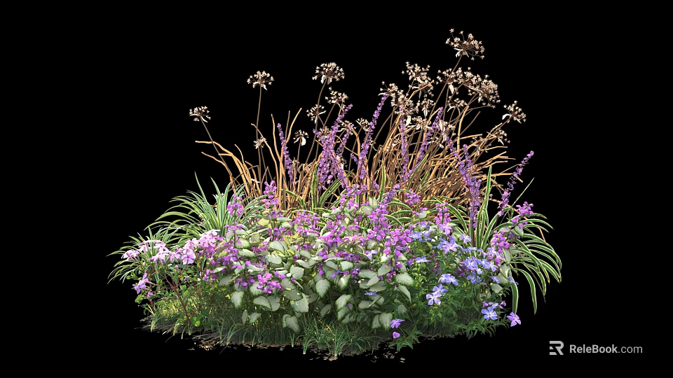 Vibrant Purple Flowers With White Blooms And Green Foliage In Diverse Garden Plants 3d model 