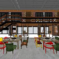 Hotpot Restaurant Interior With Wooden Ceiling Chandeliers Colorful Chairs Wooden Walls And Patterned Floor Tiles