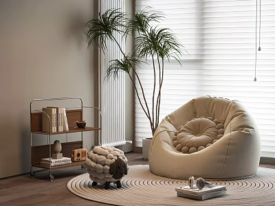 Cozy Beige Bean Bag Chair in Modern Living Room with Potted Plant and Wooden Shelf 3d model