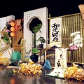 Traditional Chinese Decorative Display With Calligraphy Lotus Bamboo Fans And Golden Flowers