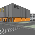 Industrial Plant With Large Signage Gray Facade Yellow Base Front Road Cars And Blue Sky