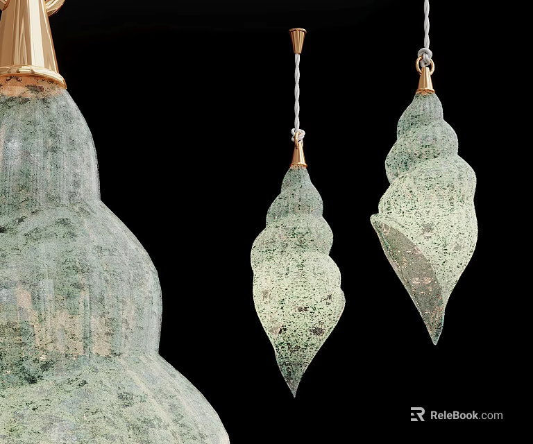 Elegant Spiral Shaped Pendant Lights With Green Textured Glass And Golden Top On Black Background 3d model 