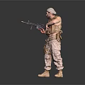 Military Style Armed Man In Tactical Vest Camouflage Pants Holding Rifle With White Headscarf Standing Pose