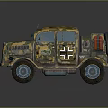 Vintage Military Truck With Camouflage Paint Yellow Triangle Sign And Red Fire Extinguisher