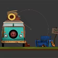 Colorful Camper Van Scene With Roof Luggage Lifebuoy Blue Sofa Guitar Love Sign And Campfire