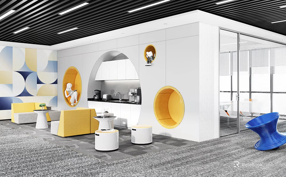 Modern Break Room Interior Design With Yellow Circular Accents White Cabinets And Coffee Machine 3d model 