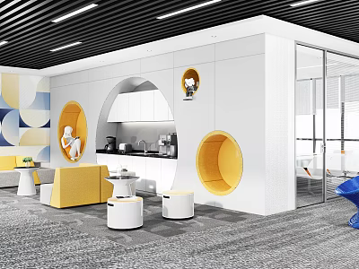 Modern Break Room Interior Design With Yellow Circular Accents White Cabinets And Coffee Machine 3d model