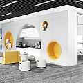 Modern Break Room Interior Design With Yellow Circular Accents White Cabinets And Coffee Machine