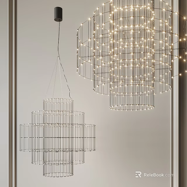 Modern Elegant Chandeliers With Metal Frame And Illuminated Light Bulbs In Interior 3d model 
