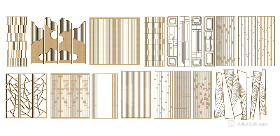 Various Modern Room Dividers With Intricate Patterns And Wooden Frames 3d model