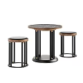 Modern Round Table with Marble Top and Black Metal Legs Including Two Round Stools 3d model