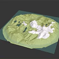 3D Island Terrain Model Featuring Green Mountainous Areas White Regions Black Patches and Blue Base