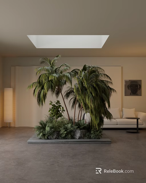 Indoor Living Room Decorative Plant Arrangement With Palm Trees Various Green Plants And Stone Base 3d model 