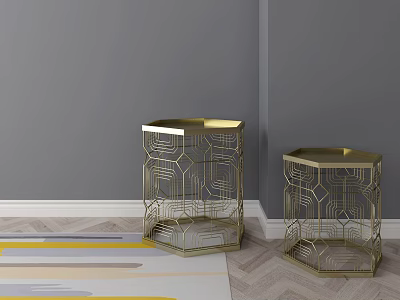 Gold Hexagonal Side Tables With Geometric Cutout Design In Modern Interior 3d model