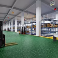 Industrial Warehouse Interior With Forklift Green Floor White Pillars And Storage Racks