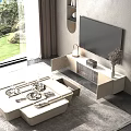 Modern TV Stand with Wall TV Arched Shelves Decor and Natural Light in Living Room