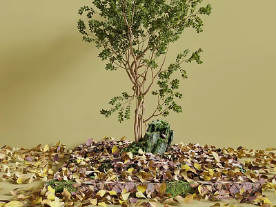 Green Tree with Fallen Leaves and Small Sculpture in Outdoor Setting 3d model