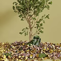 Green Tree with Fallen Leaves and Small Sculpture in Outdoor Setting