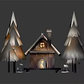 Wooden Cabin Surrounded by Snow Covered Pine Trees in Snowy Winter Scene