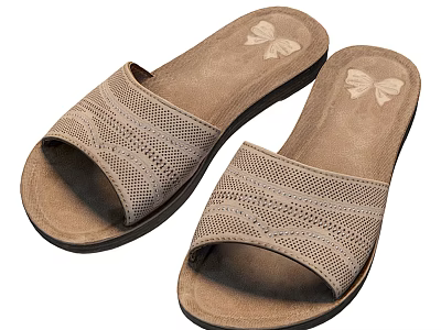 Beige Slippers With Perforated Upper Design And Dark Sole Featuring Butterfly Pattern Insole 3d model