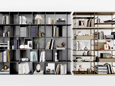 Modern Home Bookshelf Interior Design With Layered Shelves Books And Decorative Items 3d model