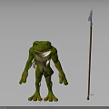 Standing Green Smiling Muscular Frog Character With Wooden Spear And Blue Crystal