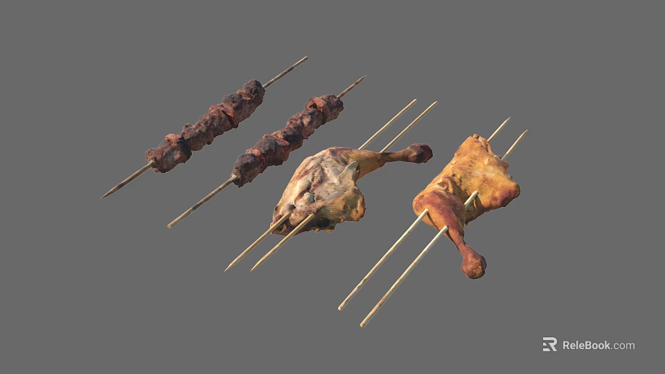 Tender Grilled Meat Skewers And Juicy Chicken Legs On Bamboo Sticks 3d model 
