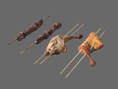 Tender Grilled Meat Skewers And Juicy Chicken Legs On Bamboo Sticks 3d model