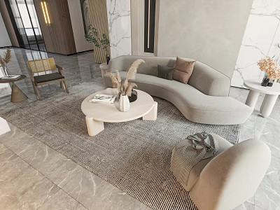 Elegant Modern Living Room With Curved Upholstered Sofa And Round Coffee Table Set 3d model