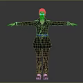 Red Haired Female Character In Brown Suit With Blue Details Standing With Arms Outstretched