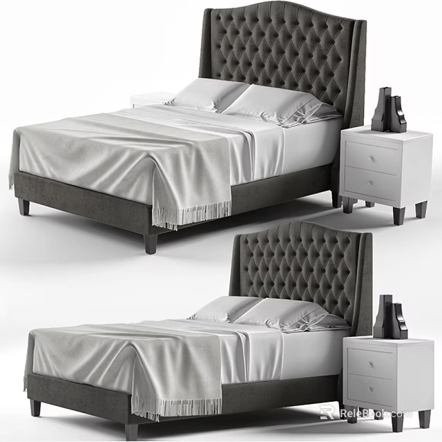 Modern Double Bed With Tufted Headboard Gray Linen Bedding And White Nightstand 3d model 