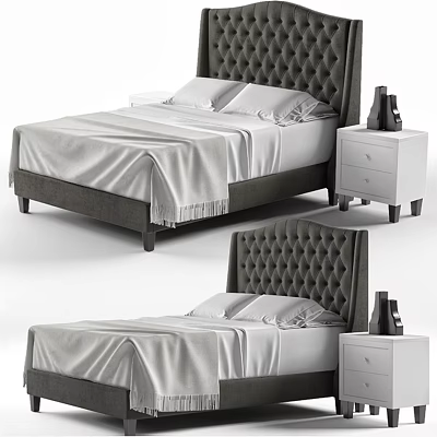 Modern Double Bed With Tufted Headboard Gray Linen Bedding And White Nightstand 3d model