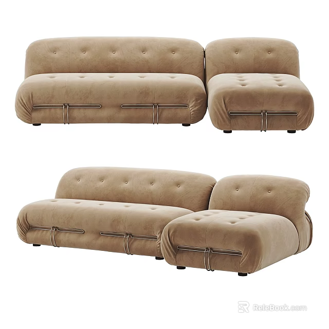 Modern Beige Velvet Two Seater Sofa With Tufted Backrest And Metal Accents 3d model 