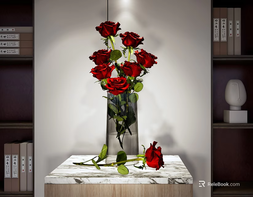 Decorative Ornament Combination with Red Roses in Transparent Vase on Marble Tabletop 3d model 