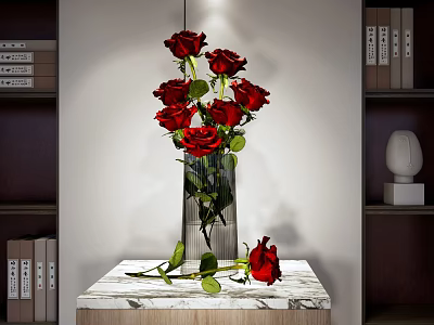 Decorative Ornament Combination with Red Roses in Transparent Vase on Marble Tabletop 3d model