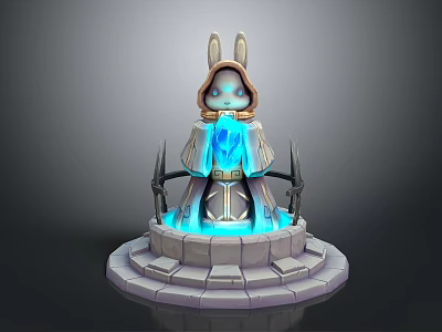 Rabbit Eared Character In Cloak With Blue Crystal On Glowing Pedestal And Spiked Decorations 3d model