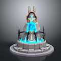 Rabbit Eared Character In Cloak With Blue Crystal On Glowing Pedestal And Spiked Decorations