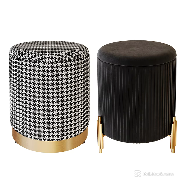 Modern Round Stools Featuring Houndstooth Pattern Black Velvet Pleated Design Gold Base 3d model 