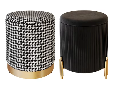 Modern Round Stools Featuring Houndstooth Pattern Black Velvet Pleated Design Gold Base 3d model
