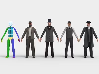 Five Men Standing Side by Side Wearing Different Outfits Suits Vest Coats 3d model