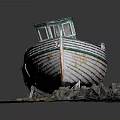 Vintage Wooden Boat With Green Cabin Beached on Shore Surrounded by Stones and Grass