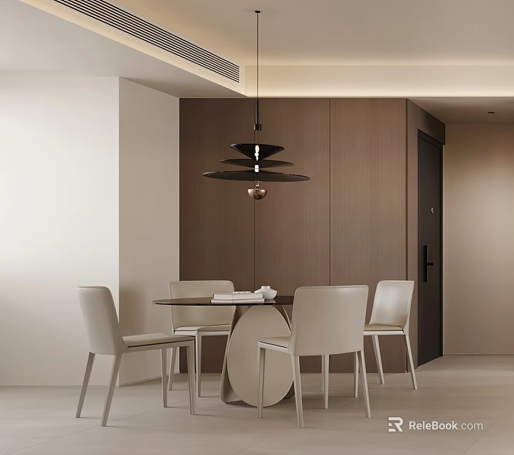 Modern Restaurant Dining Area With Round Table White Chairs And Pendant Light 3d model