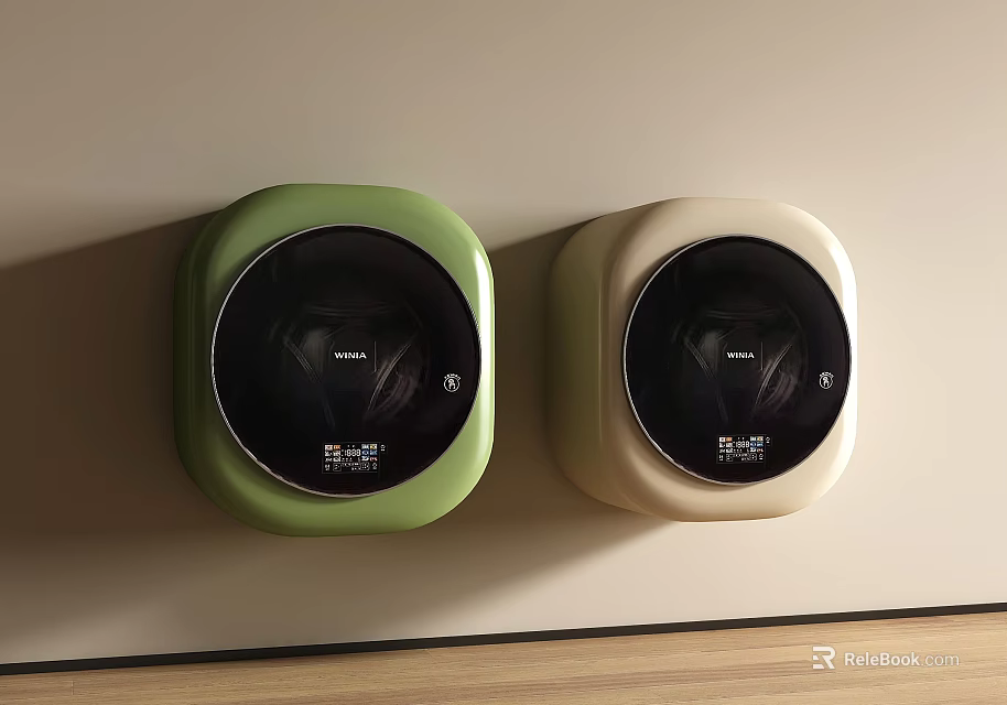 Two Modern Wall Mounted Washing Machines With Square Design Green And Cream Colors 3d model 